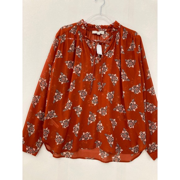 LOFT Tops - LOFT Rust Floral Tie-Neck Blouse